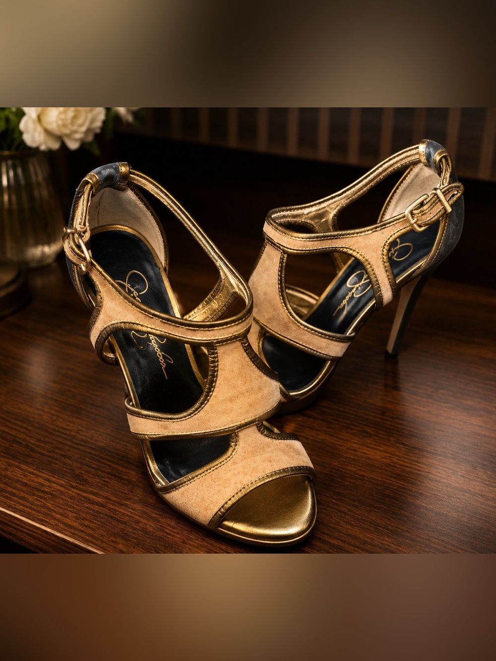 Jessica Simpson size 6 1/2 Gold-Tone Suede Open-Toe Heels by